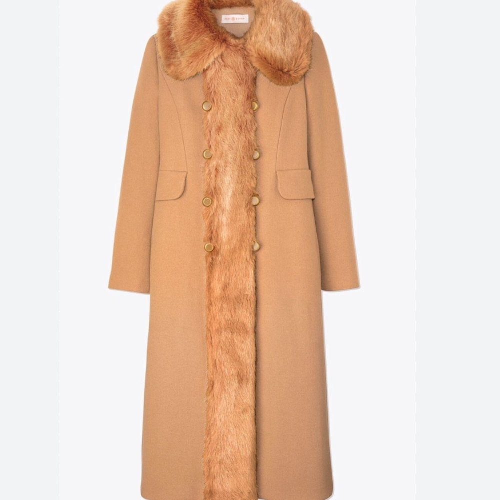 Tory Burch Tan Trench Coat with Faux Fur Trim